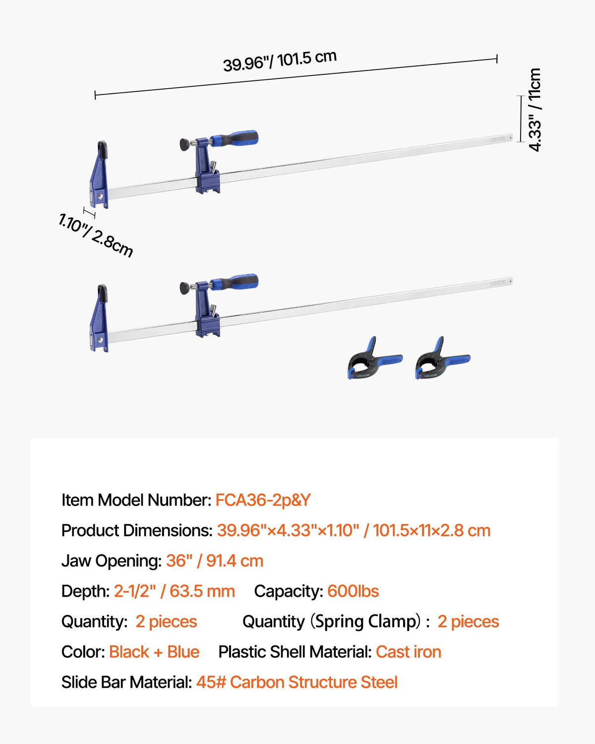 Bar Clamps for Woodworking, 2-Pack 91.4 cm Opening, Lockable F-Clamp with 272 kg Load Limit,63.5 mm Depth, V952-FJ36INCH2GZTY7VBV001V0