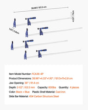 Bar Clamps for Woodworking, 4-Pack 91.4 cm Opening, Lockable F-Clamp with 272 kg Load Limit, 63.5 mm Depth, V952-FJ36INCH4ZTDH7M9E001V0