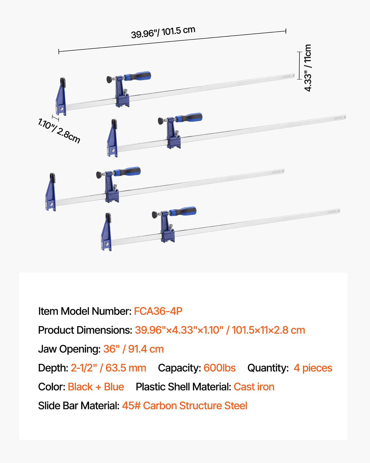 Bar Clamps for Woodworking, 4-Pack 91.4 cm Opening, Lockable F-Clamp with 272 kg Load Limit, 63.5 mm Depth, V952-FJ36INCH4ZTDH7M9E001V0