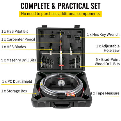 Adjustable Hole Saw Cutter Kit, 1-5/8"" to 11-13 /16"" (40-300 mm), Recessed Hole Saw with PC Dust Shield, V952-FJKK1581113166YC0V0