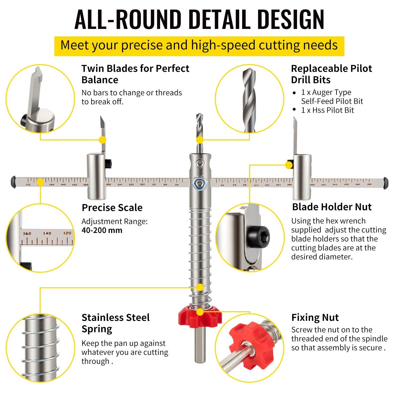 Adjustable Hole Saw Cutter Kit, 1-5/8" to 8" (40-200 mm), Two Replaceable Pilot Drill Bits, Twin Blade V952-FJKKQZDFC1588U5VPV0