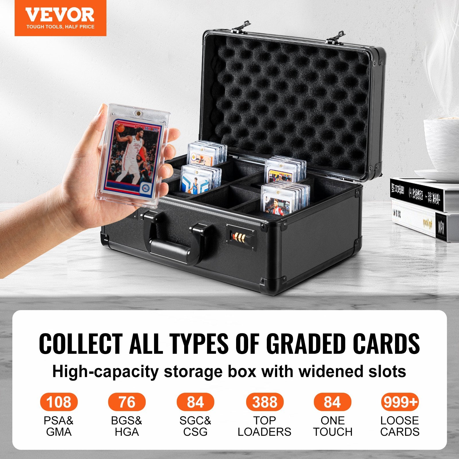 Graded Card Storage Box, 4 Slots, Graded Sports Cards Holder Carrying Case with Coded Lock Foam Dividers, for V952-FJKSNHMMS108T371IV0