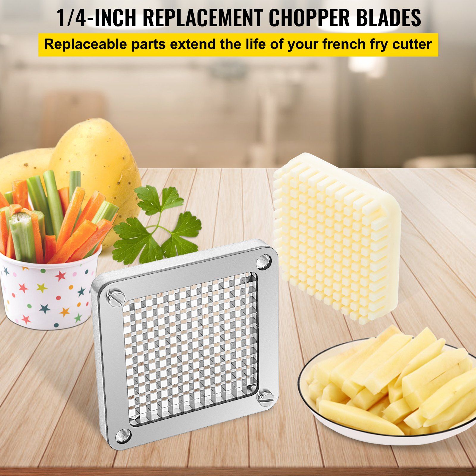 Replacement Chopper Blade, 1/4 inch, 3 PCS French Fry Blade Assembly with 6 Extra Knives, Stainless Steel V952-FKTHQC314INCHCUDXV0