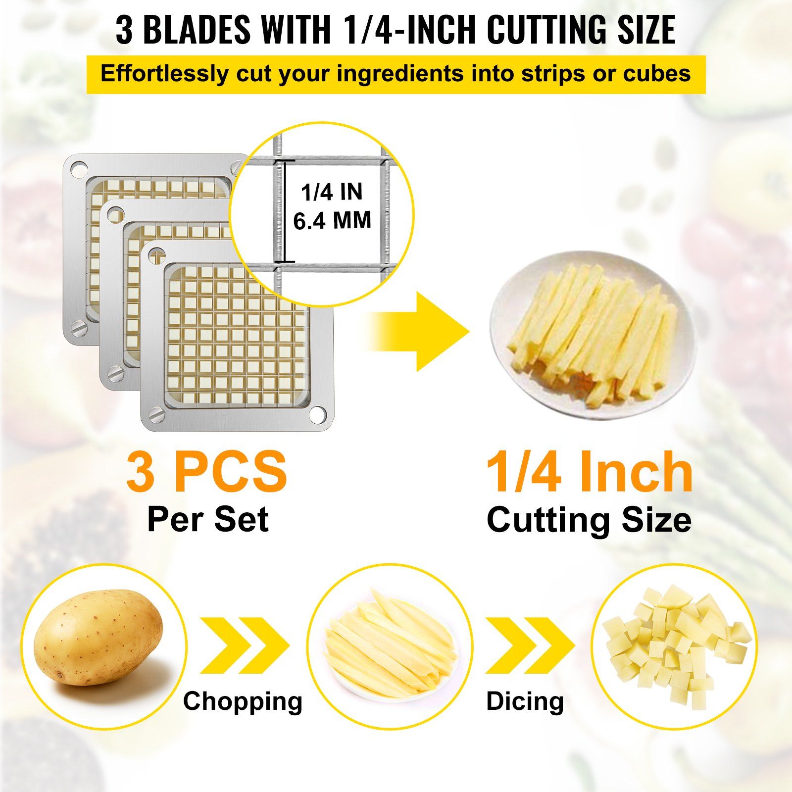 Replacement Chopper Blade, 1/4 inch, 3 PCS French Fry Blade Assembly with 6 Extra Knives, Stainless Steel V952-FKTHQC314INCHCUDXV0