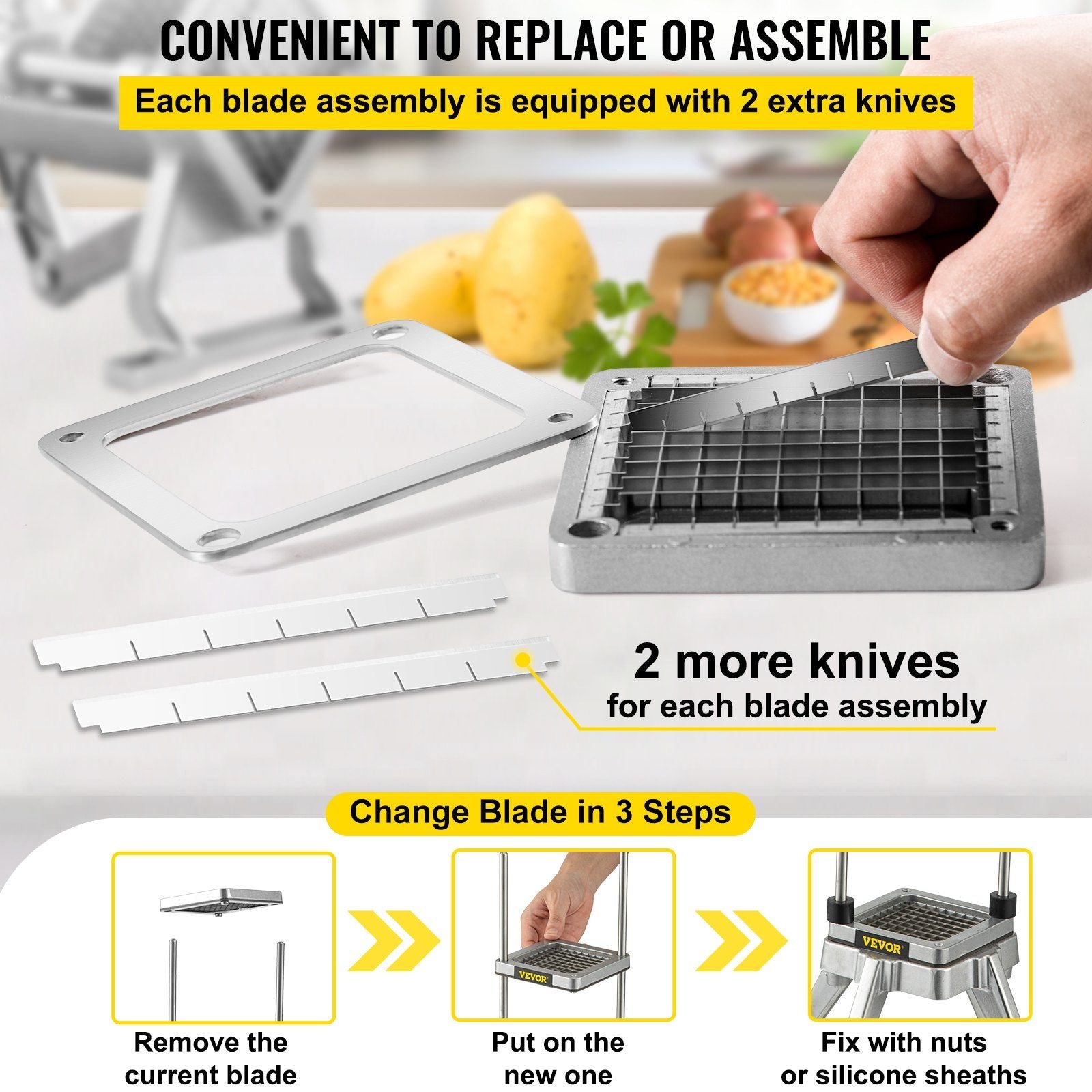 Replacement Chopper Blade, 1/4 inch, 3 PCS French Fry Blade Assembly with 6 Extra Knives, Stainless Steel V952-FKTHQC314INCHCUDXV0