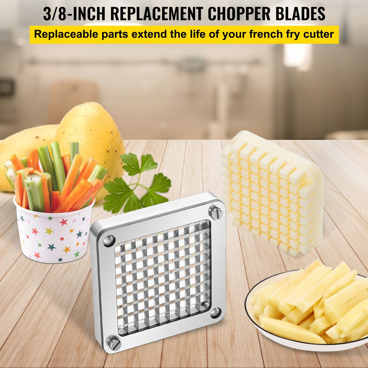 Replacement Chopper Blade, 3/8 inch, 3 PCS French Fry Blade Assembly with 6 Extra Knives, Stainless Steel V952-FKTHQC338INCH3QKXV0