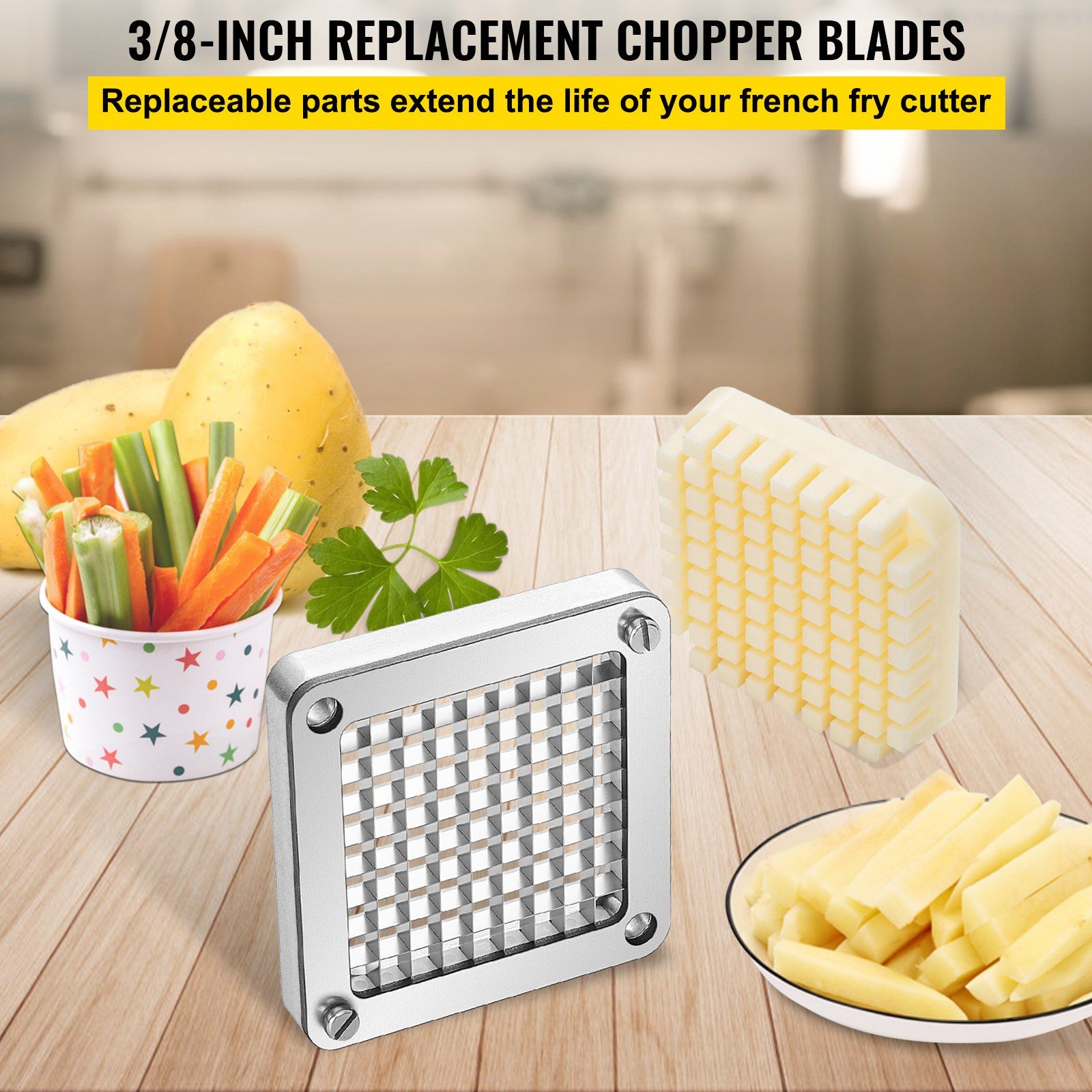 Replacement Chopper Blade, 3/8 inch, 3 PCS French Fry Blade Assembly with 6 Extra Knives, Stainless Steel V952-FKTHQC338INCH3QKXV0