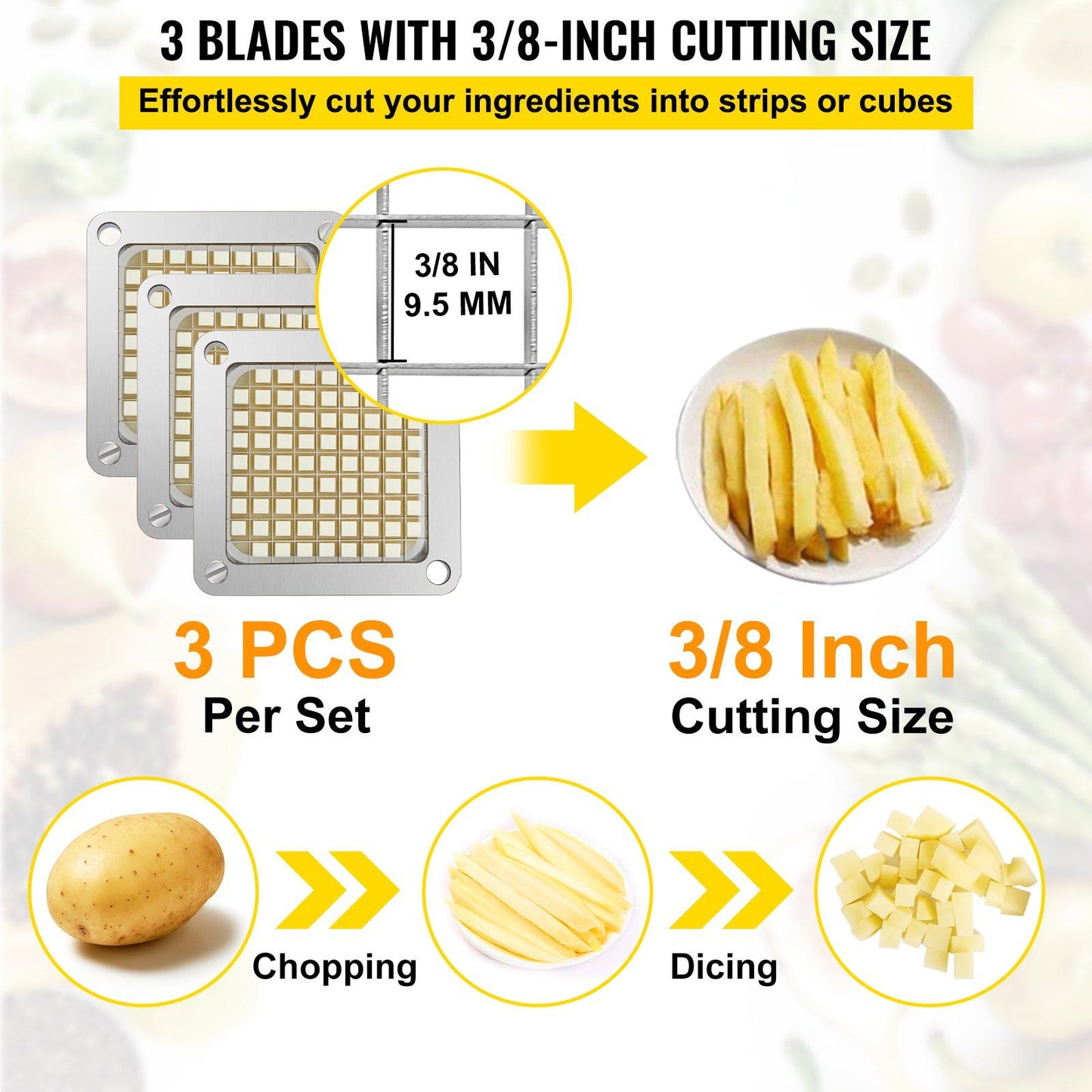 Replacement Chopper Blade, 3/8 inch, 3 PCS French Fry Blade Assembly with 6 Extra Knives, Stainless Steel V952-FKTHQC338INCH3QKXV0