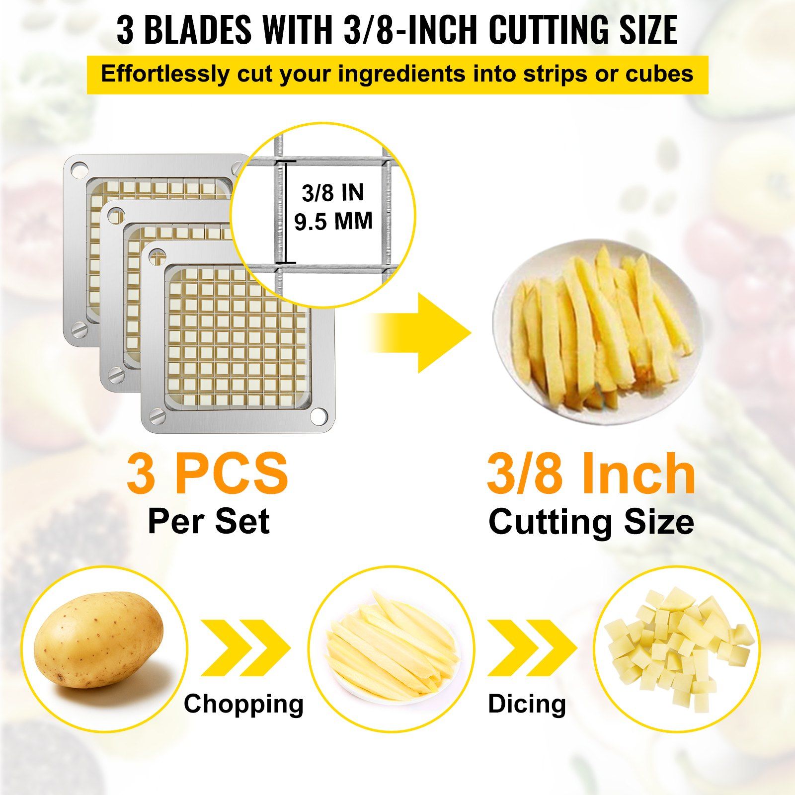 Replacement Chopper Blade, 3/8 inch, 3 PCS French Fry Blade Assembly with 6 Extra Knives, Stainless Steel V952-FKTHQC338INCH3QKXV0