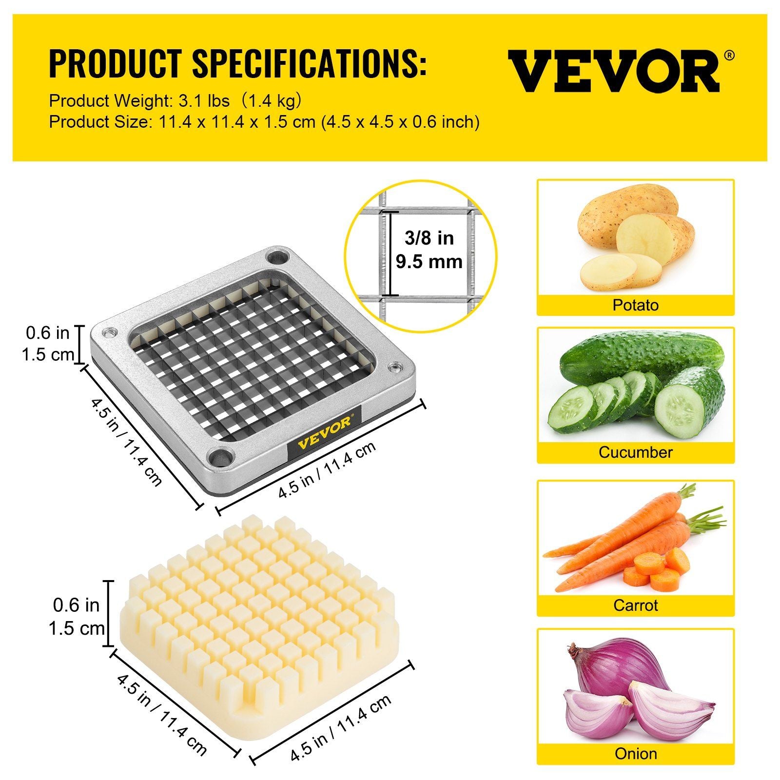 Replacement Chopper Blade, 3/8 inch, 3 PCS French Fry Blade Assembly with 6 Extra Knives, Stainless Steel V952-FKTHQC338INCH3QKXV0