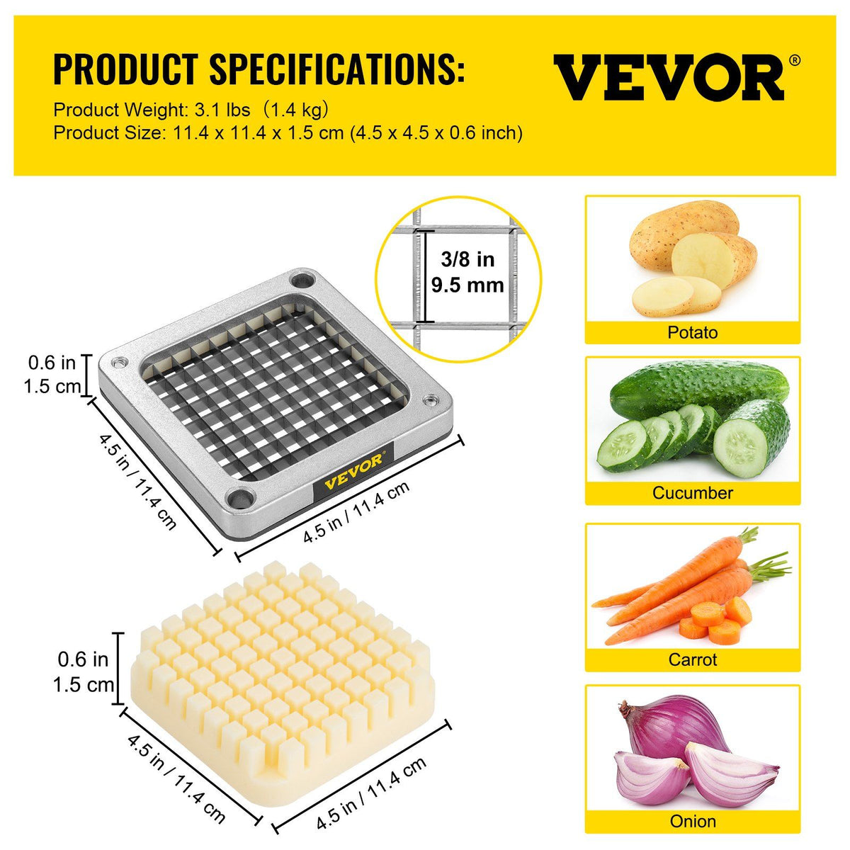 Replacement Chopper Blade, 3/8 inch, 3 PCS French Fry Blade Assembly with 6 Extra Knives, Stainless Steel V952-FKTHQC338INCH3QKXV0