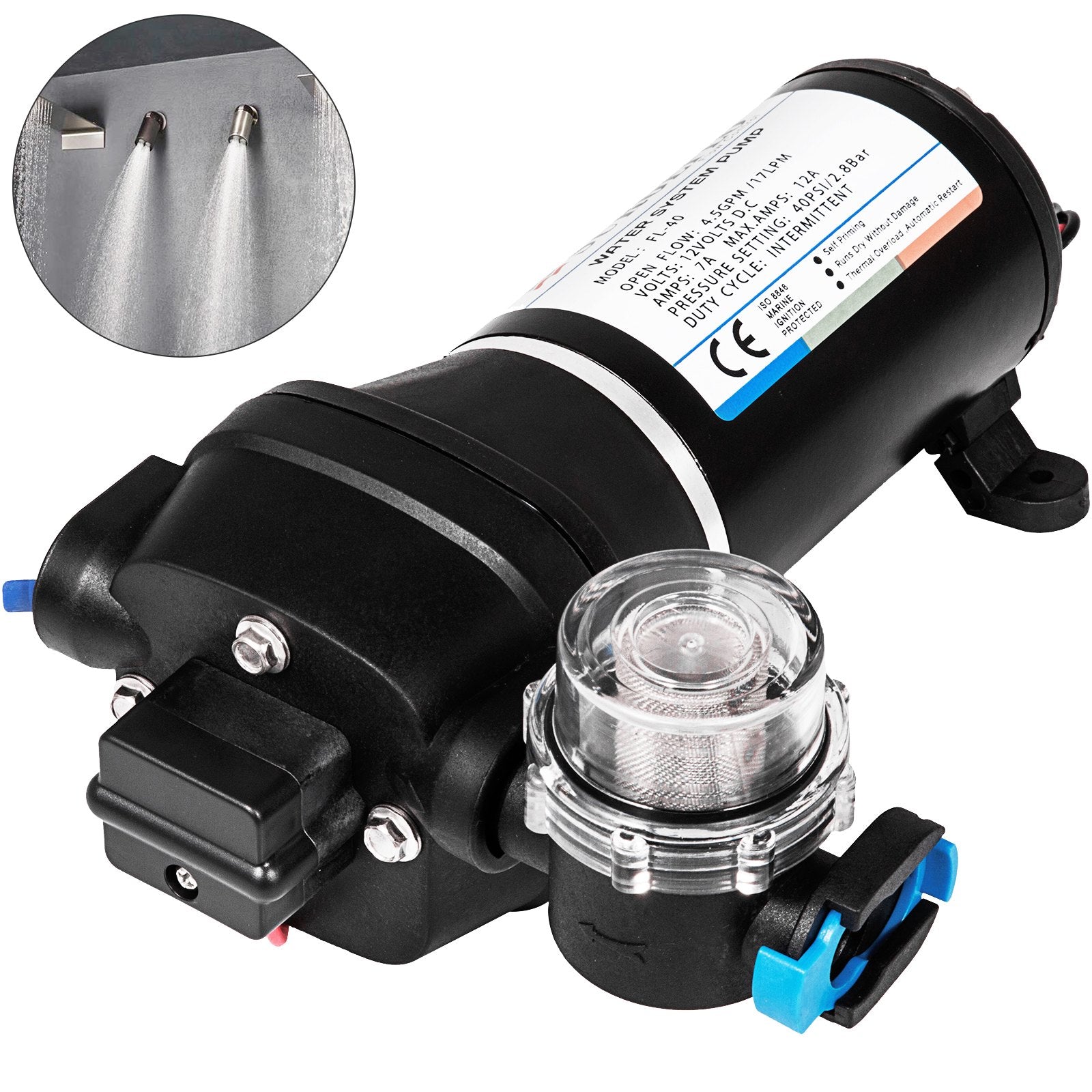 Water Pressure Diaphragm Pump, 12V FL-40 High Pressure Diaphragm Water Pump, 40PSI Automatic Self Priming V952-FL-40GMB12V000001V0