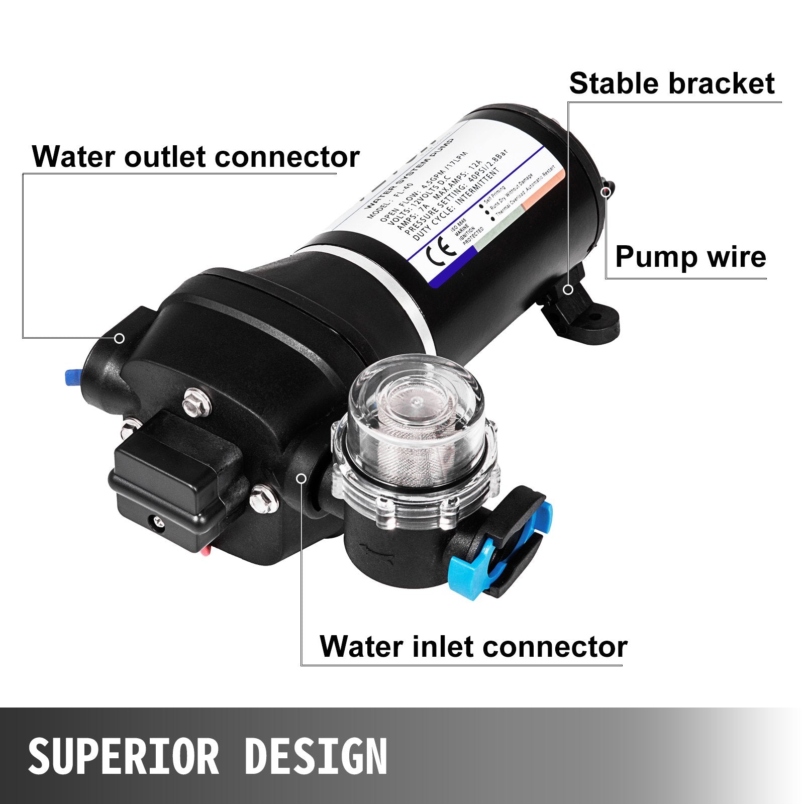 Water Pressure Diaphragm Pump, 12V FL-40 High Pressure Diaphragm Water Pump, 40PSI Automatic Self Priming V952-FL-40GMB12V000001V0