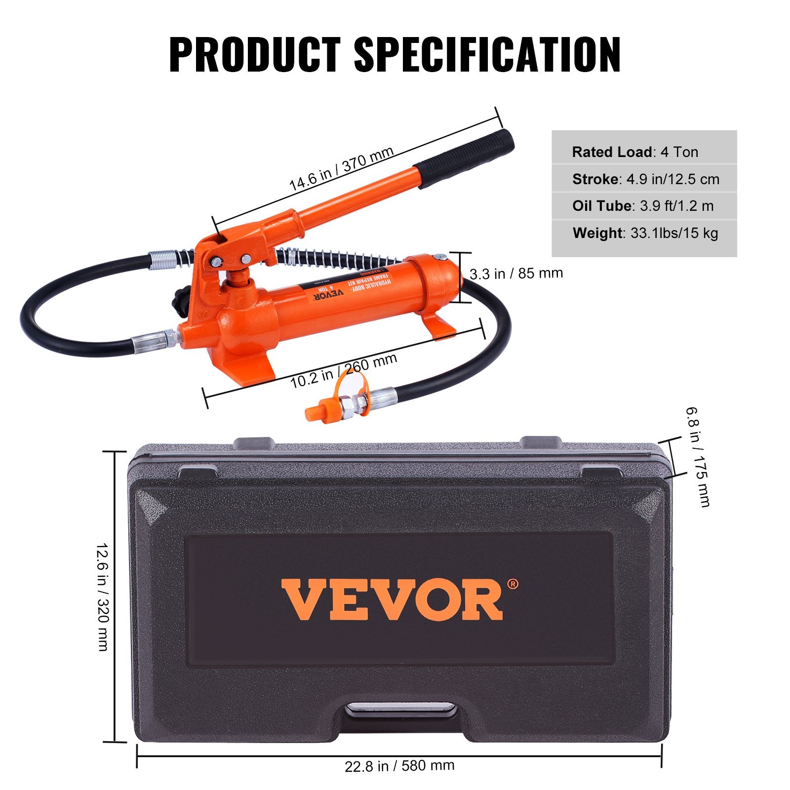 4 Ton Porta Power Kit, Portable Hydraulic Jack with 3.9 ft/1.2 m Oil Hose, Auto Body Frame Repair Kit with V952-FLDTJH4ABSTPUKFMBV0
