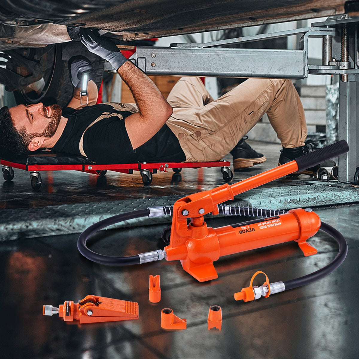 4 Ton Porta Power Kit, Portable Hydraulic Jack with 3.9 ft/1.2 m Oil Hose, Auto Body Frame Repair Kit with V952-FLDTJH4ABSTPUKFMBV0
