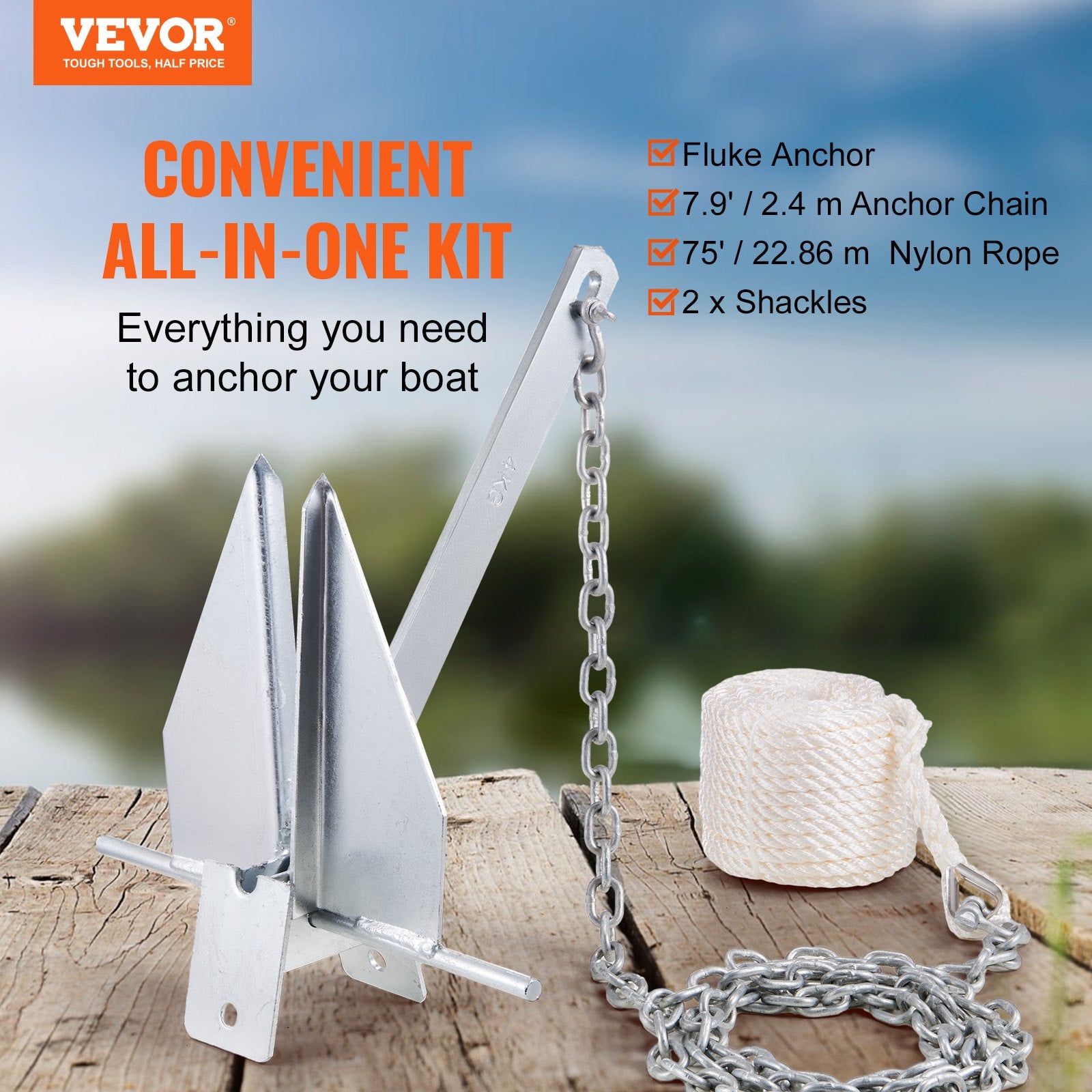Fluke Anchor 8.5 LBS Galvanized Steel Boat Anchor Chain Rop Two Shackles V952-FLKMYJTDXG85OW4WUV0
