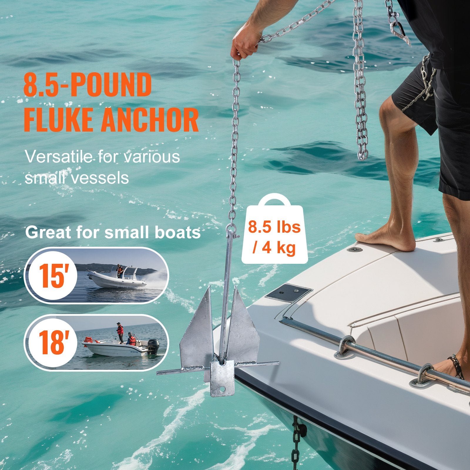 Fluke Anchor 8.5 LBS Galvanized Steel Boat Anchor Chain Rop Two Shackles V952-FLKMYJTDXG85OW4WUV0