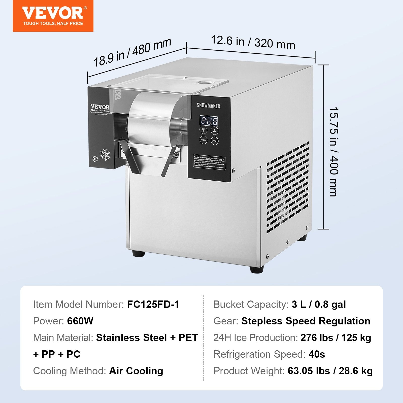 Commercial Snowflake Ice Machine, 276LBS/24H Snowflake Ice Maker, Stainless Steel Ice Shaver Machine, V952-FLXNBJFLLEDPOLJG2V3