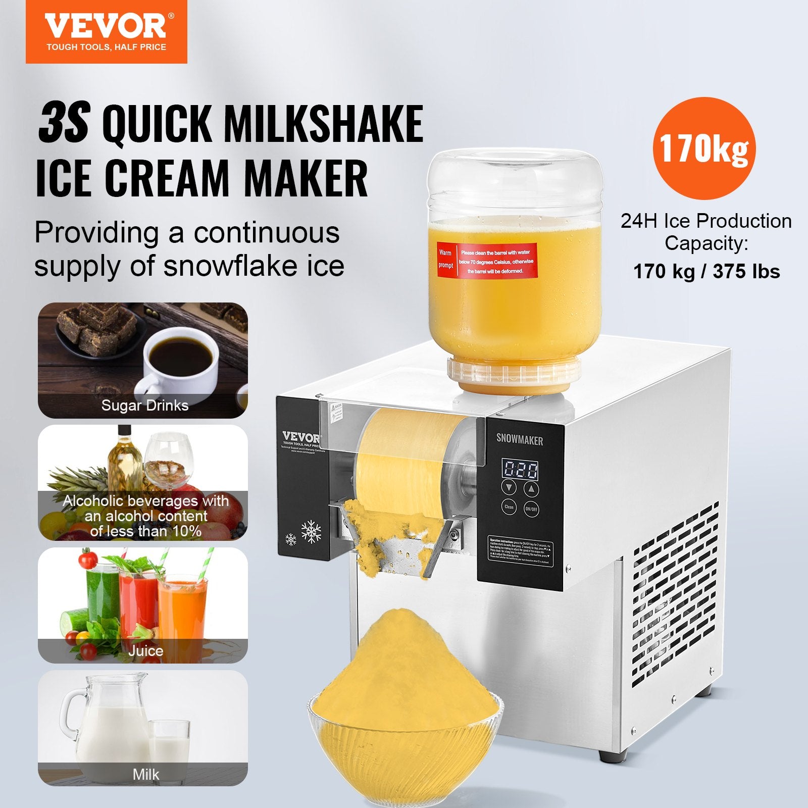 Commercial Snowflake Ice Machine, 375LBS/24H Snowflake Ice Maker, Stainless Steel Ice Shaver Machine, V952-FLXNBJFLLEDPXZ9CHV3