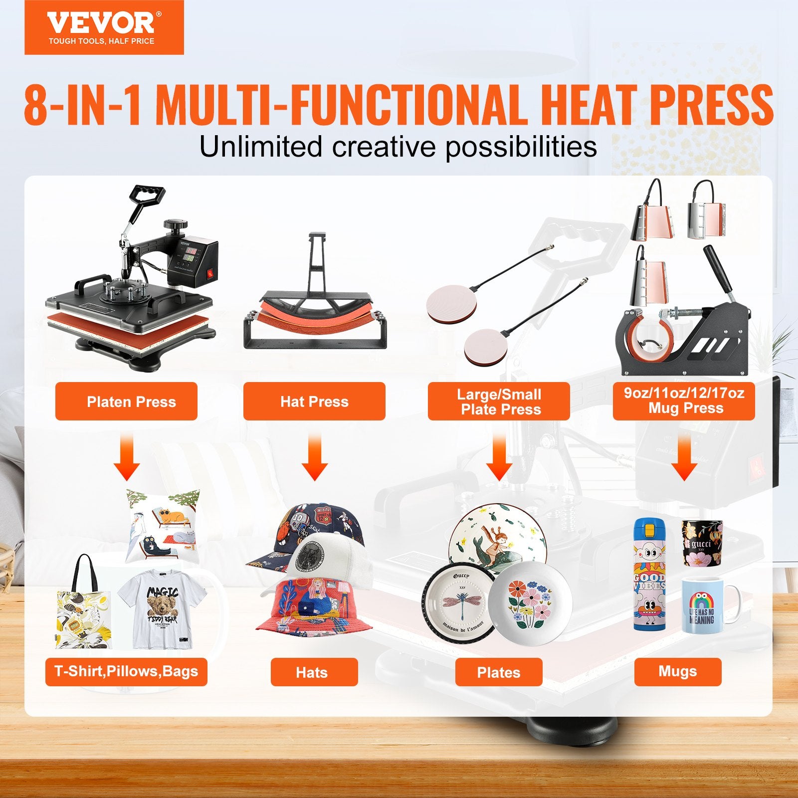 1400W Heat Press Machine 8 In 1 Sublimation Steel Frame Heat Presses with Temperature And Time Control V952-FM1181DGNTHJ00001V3