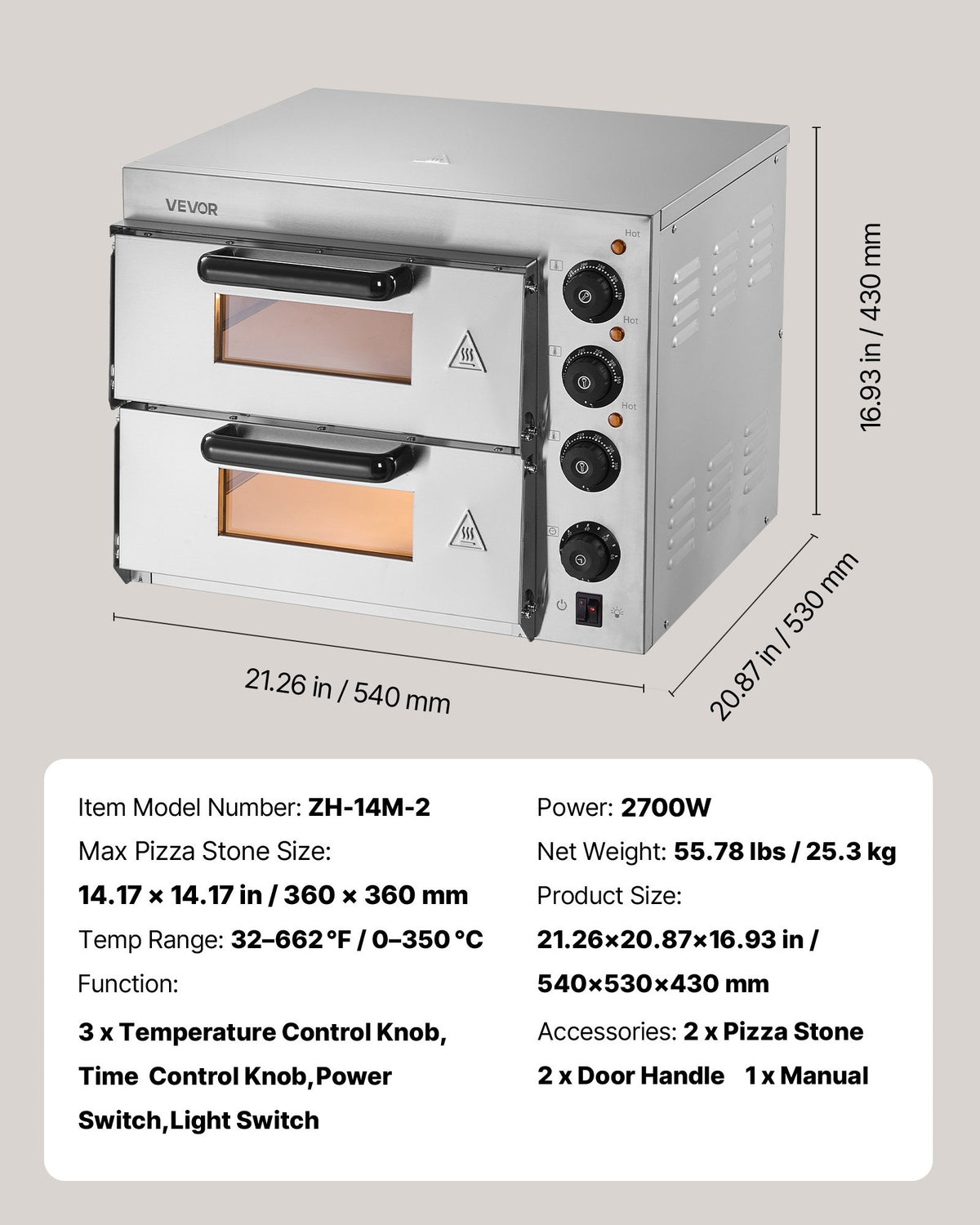 Commercial Pizza Oven Countertop, 14-Inch Double Deck Layer, Stainless Steel Electric Pizza Oven with Stone V952-FMDRPSLSCSXNVZD4XV3