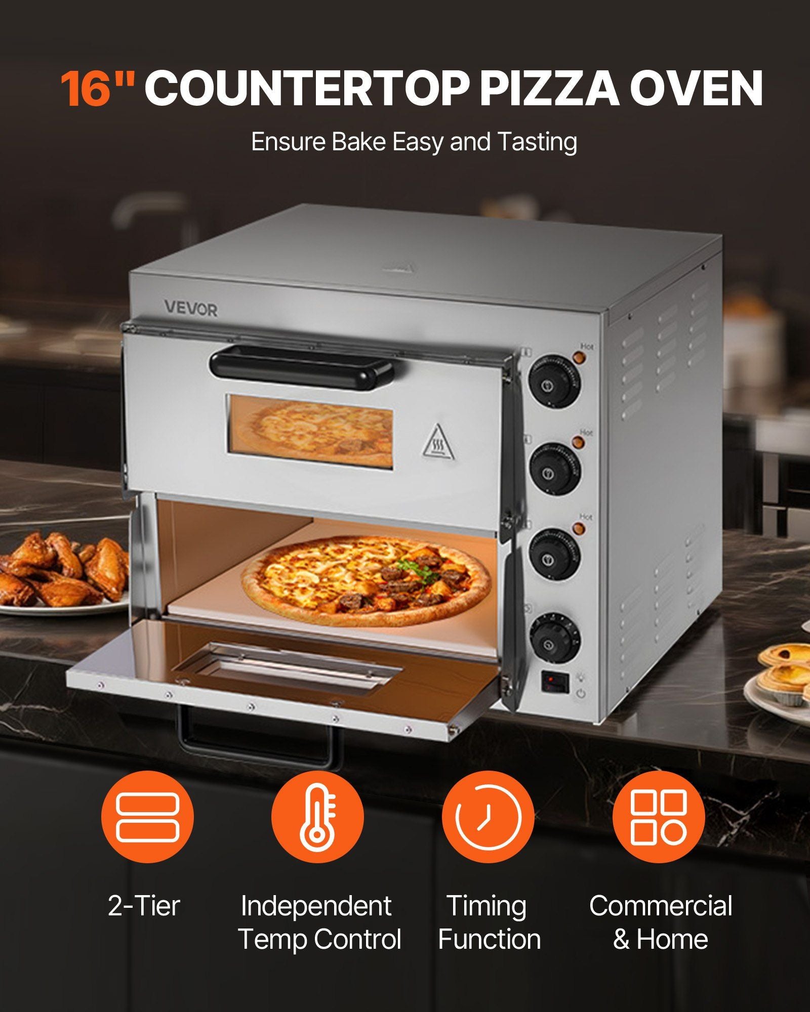 Commercial Pizza Oven Countertop, 16-Inch Double Deck Layers, Stainless Steel Electric Pizza Oven with Stone V952-FMDRPSLSCSXNXR1RGV3