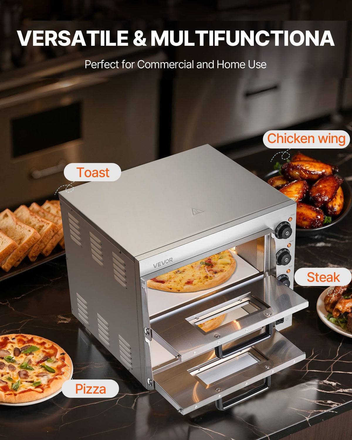 Commercial Pizza Oven Countertop, 16-Inch Double Deck Layers, Stainless Steel Electric Pizza Oven with Stone V952-FMDRPSLSCSXNXR1RGV3