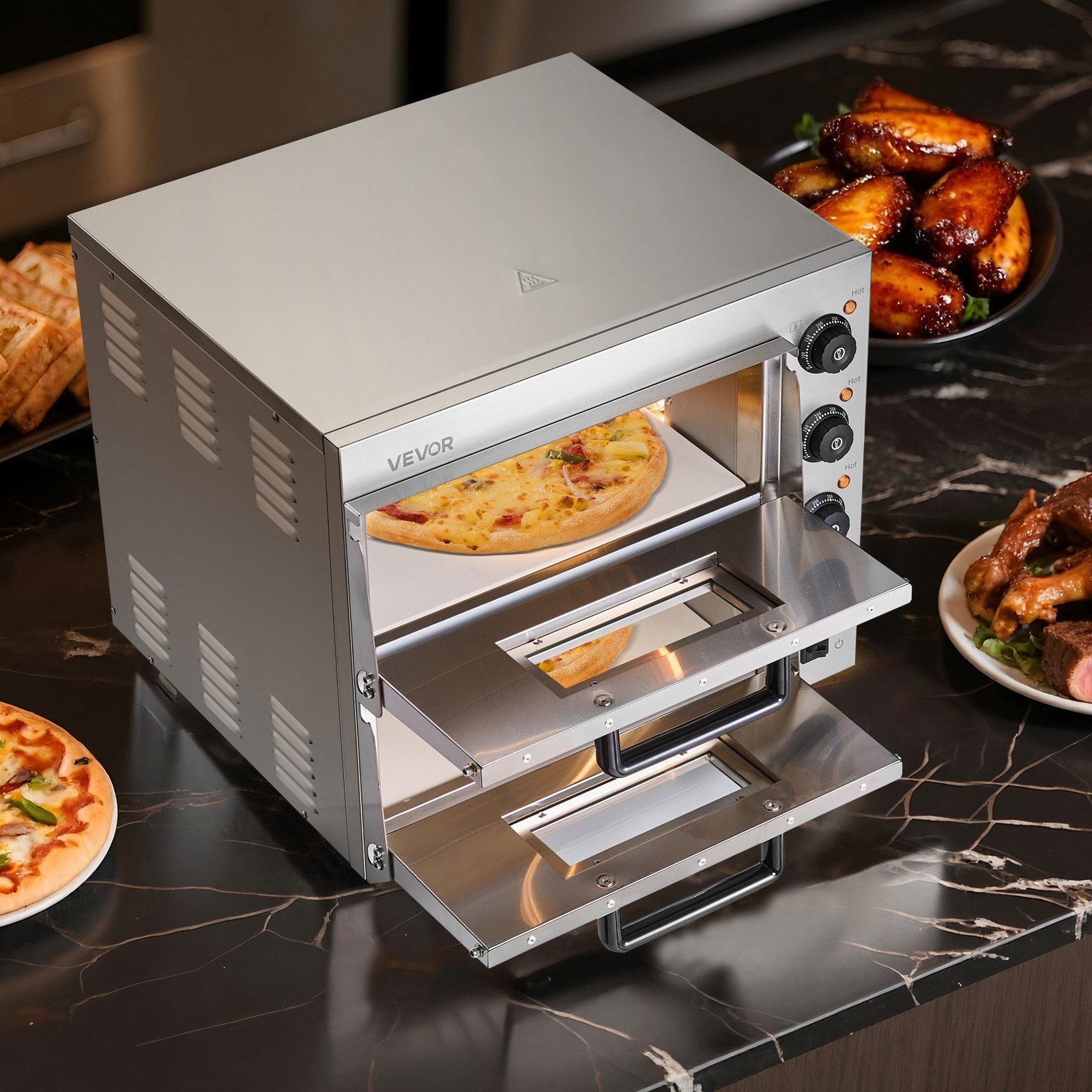 Commercial Pizza Oven Countertop, 16-Inch Double Deck Layers, Stainless Steel Electric Pizza Oven with Stone V952-FMDRPSLSCSXNXR1RGV3