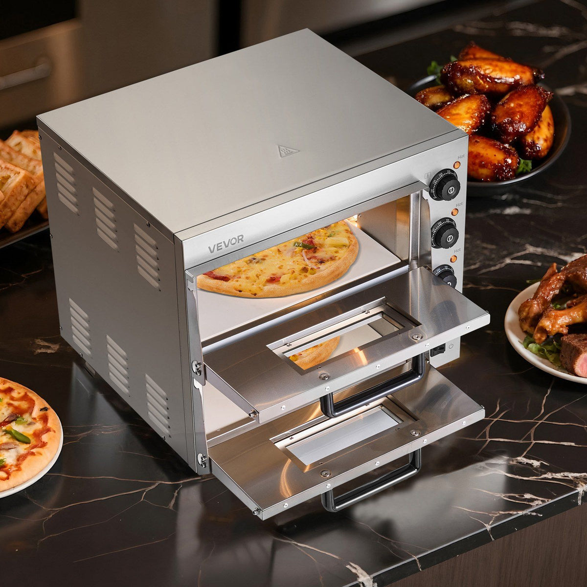 Commercial Pizza Oven Countertop, 16-Inch Double Deck Layers, Stainless Steel Electric Pizza Oven with Stone V952-FMDRPSLSCSXNXR1RGV3