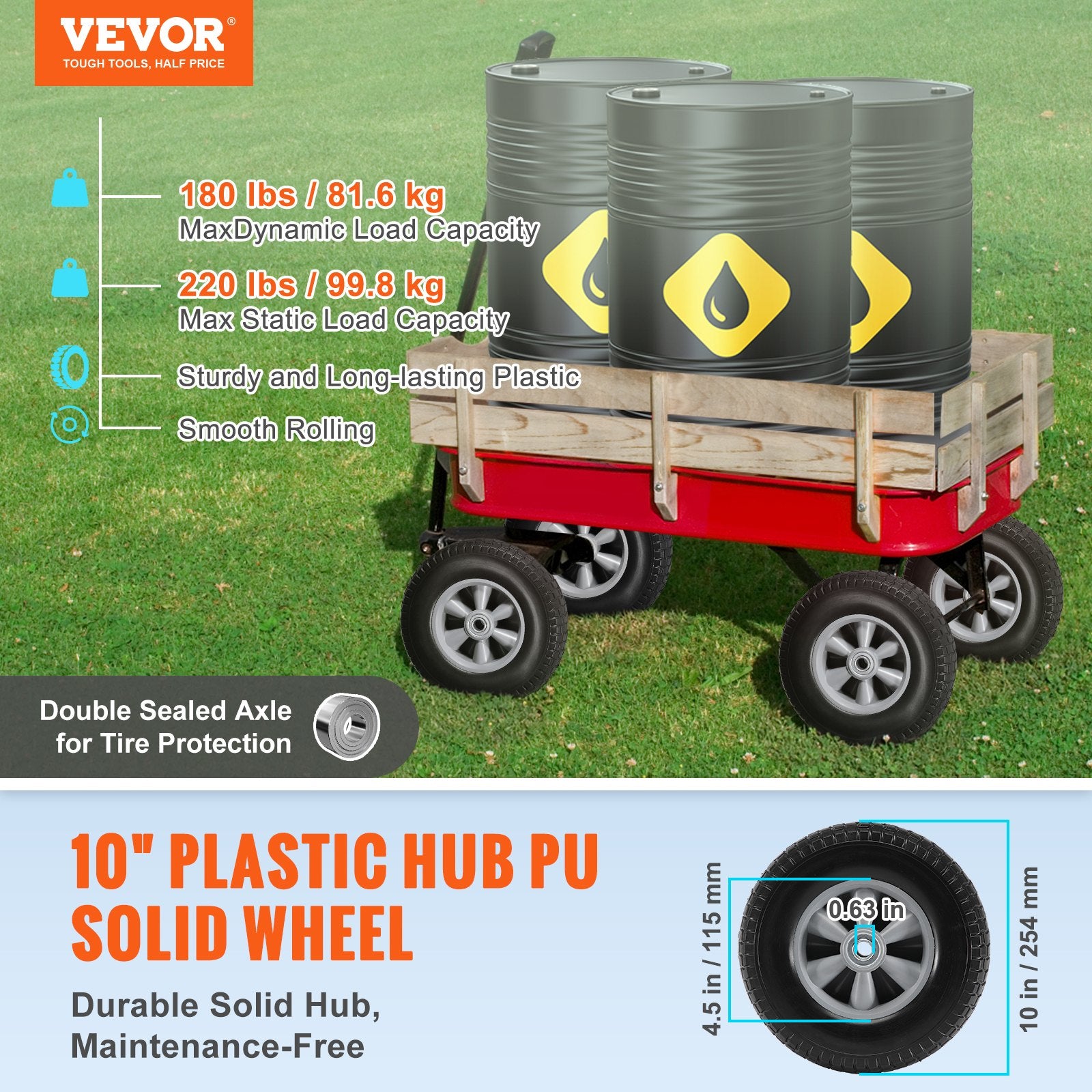 Solid PU Run-Flat Tire Wheel, 254 mm, 2-Pack, 81.6 kg Dynamic Load, 99.8 kg Static Load, Flat Free Tubeless V952-FPLJAZPU180LBKDVKV0