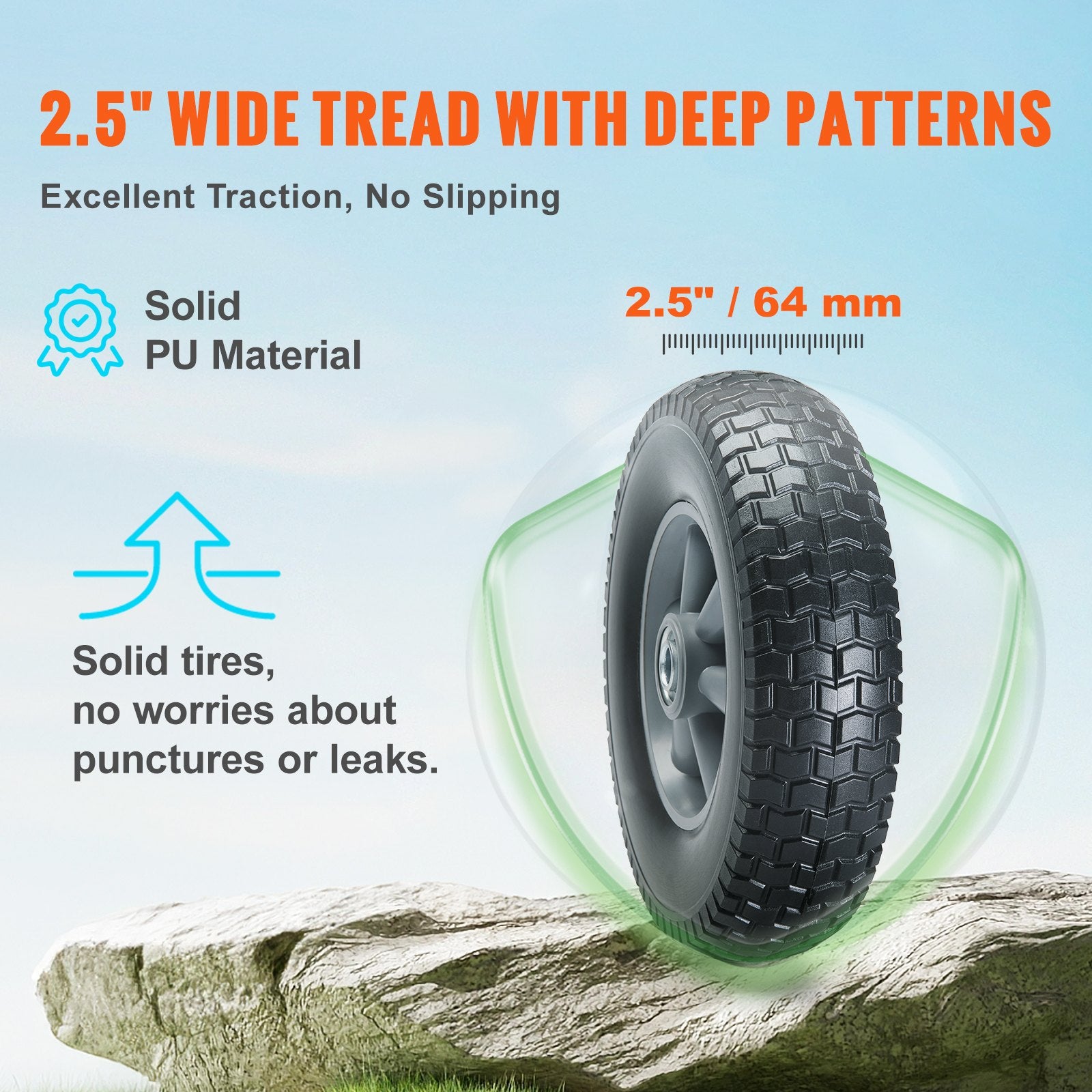 Solid PU Run-Flat Tire Wheel, 254 mm, 2-Pack, 81.6 kg Dynamic Load, 99.8 kg Static Load, Flat Free Tubeless V952-FPLJAZPU180LBKDVKV0