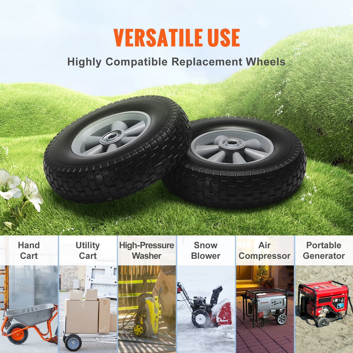 Solid PU Run-Flat Tire Wheel, 254 mm, 2-Pack, 81.6 kg Dynamic Load, 99.8 kg Static Load, Flat Free Tubeless V952-FPLJAZPU180LBKDVKV0