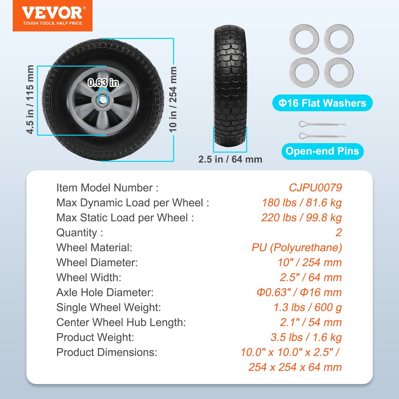 Solid PU Run-Flat Tire Wheel, 254 mm, 2-Pack, 81.6 kg Dynamic Load, 99.8 kg Static Load, Flat Free Tubeless V952-FPLJAZPU180LBKDVKV0