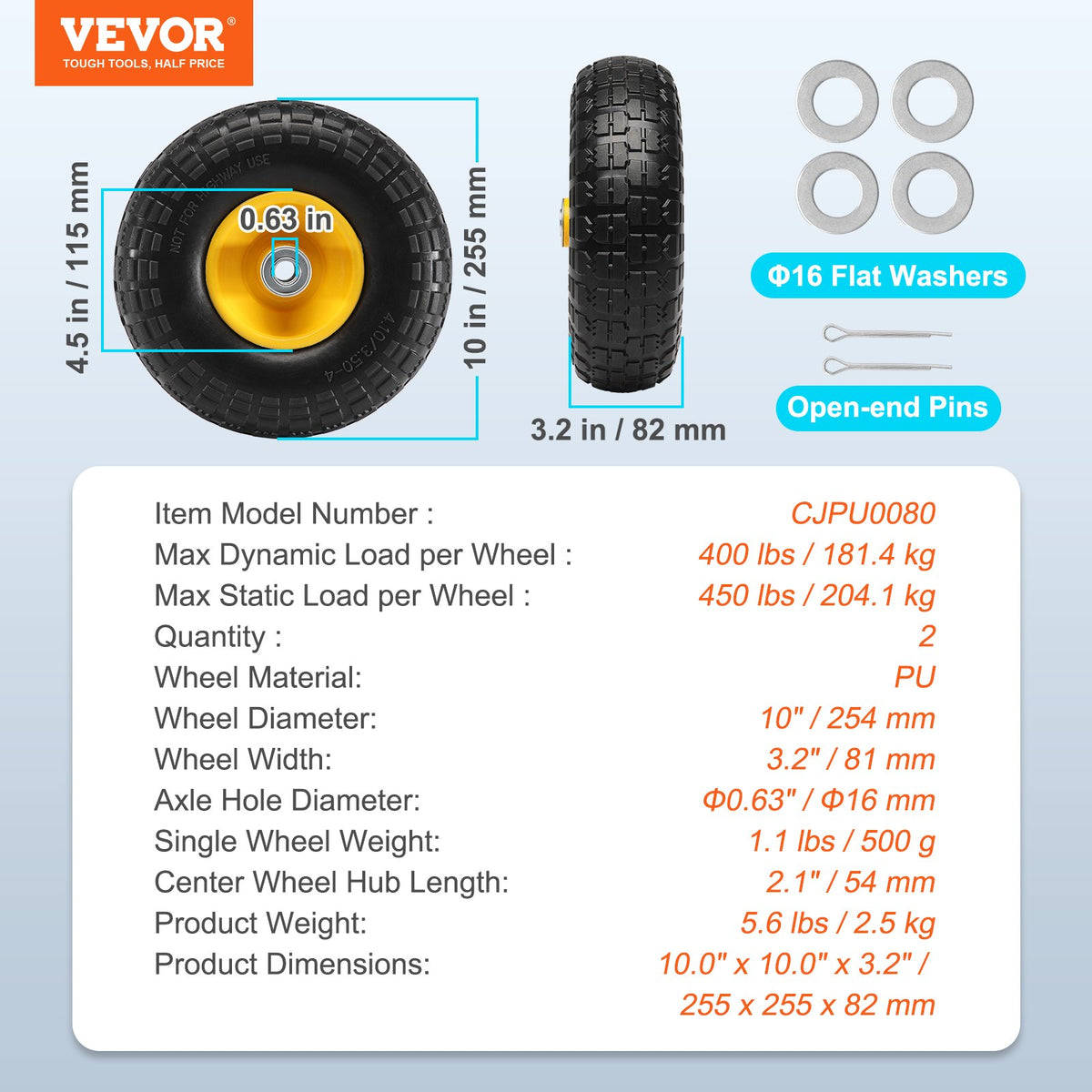 Solid PU Run-Flat Tire Wheel, 254 mm, 2-Pack, 181.4 kg Dynamic Load, 204.1 kg Static Load, Flat Free Tubeless V952-FPLJAZPU400LBUE89V0