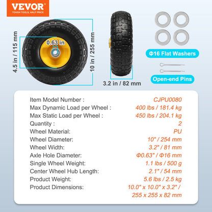 Solid PU Run-Flat Tire Wheel, 254 mm, 2-Pack, 181.4 kg Dynamic Load, 204.1 kg Static Load, Flat Free Tubeless V952-FPLJAZPU400LBUE89V0