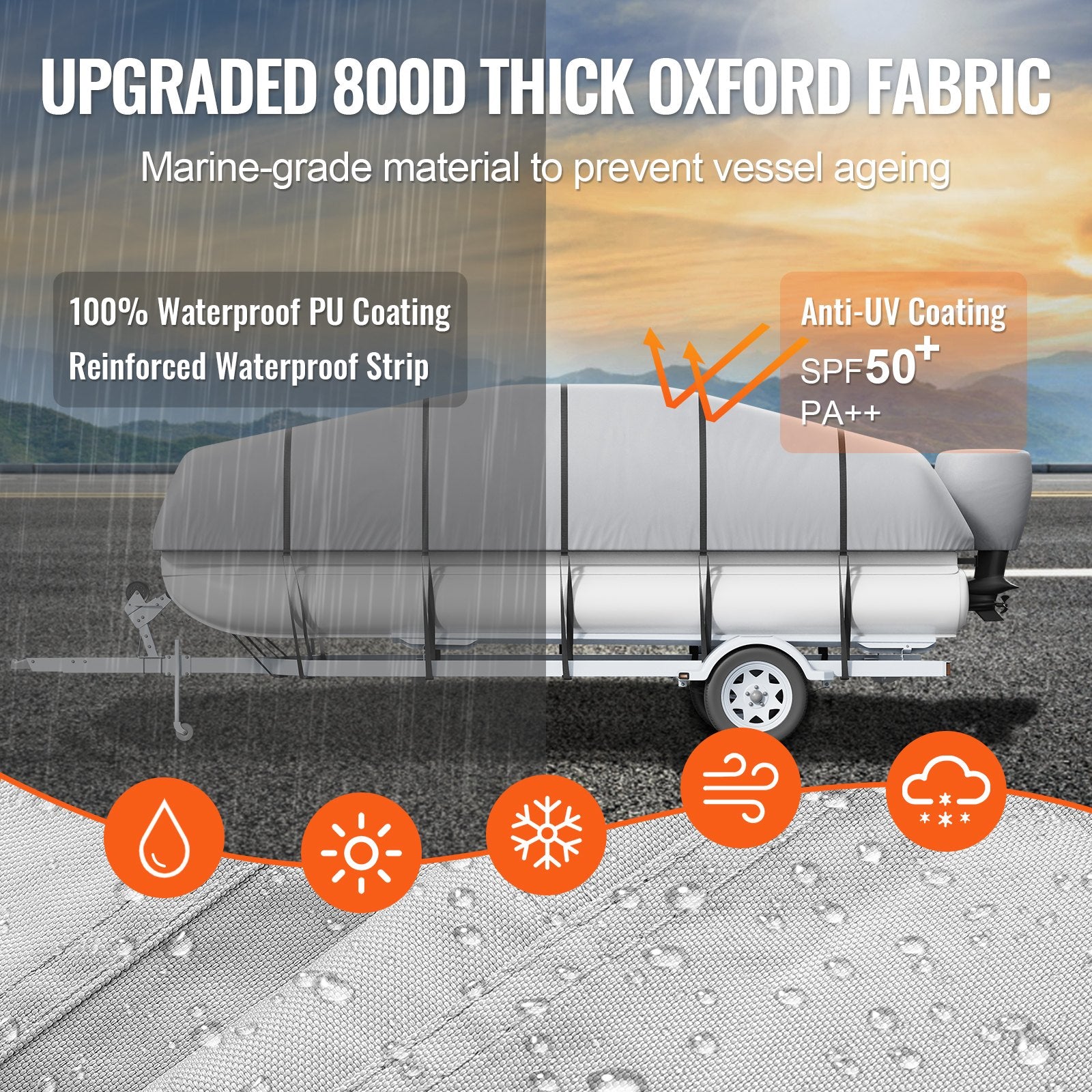 Pontoon Boat Cover 800D Waterproof Trailerable 19-20 ft with Storage Bag V952-FQCZX800D192KHIYZV0
