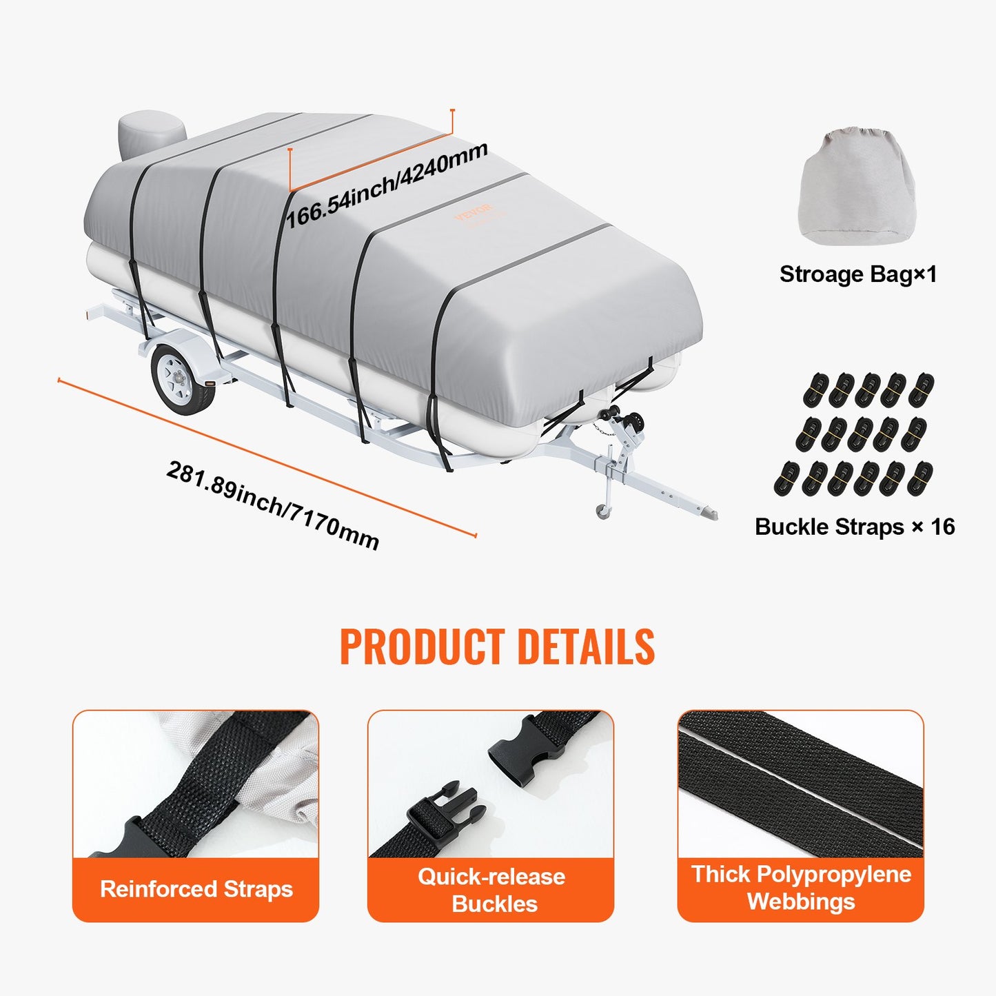 Pontoon Boat Cover 800D Waterproof Trailerable 19-20 ft with Storage Bag V952-FQCZX800D192KHIYZV0