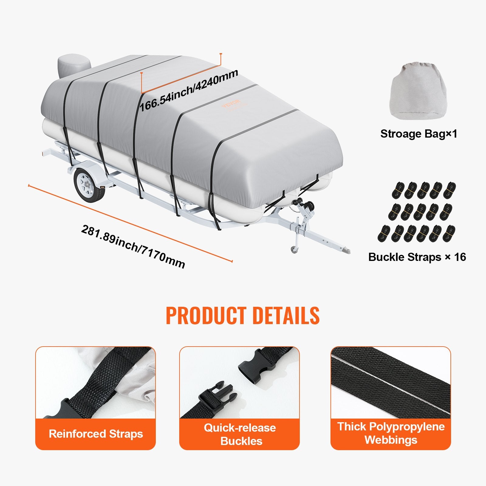 Pontoon Boat Cover 800D Waterproof Trailerable 19-20 ft with Storage Bag V952-FQCZX800D192KHIYZV0
