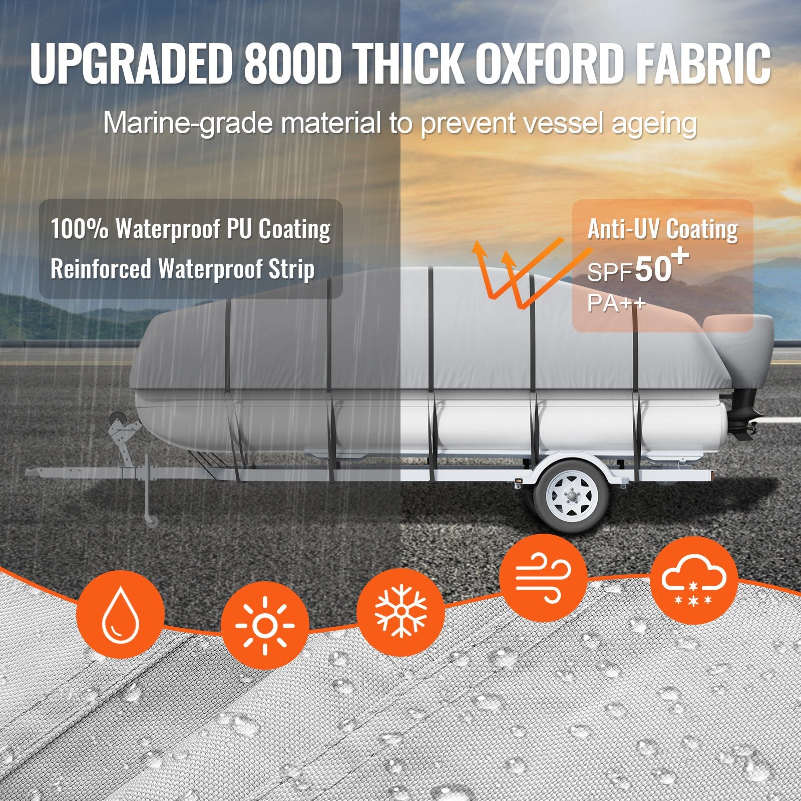Pontoon Boat Cover 800D Waterproof Trailerable 23-24 ft with Storage Bag V952-FQCZX800D2328O284V0
