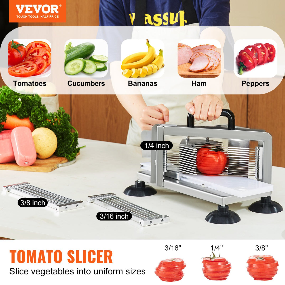 Commercial Tomato Slicer, 1/4"+3/8"+3/16" Tomato Cutter Slicer, Stainless Steel Heavy Duty Tomato Slicer V952-FQQPJZTS14388D14CV0