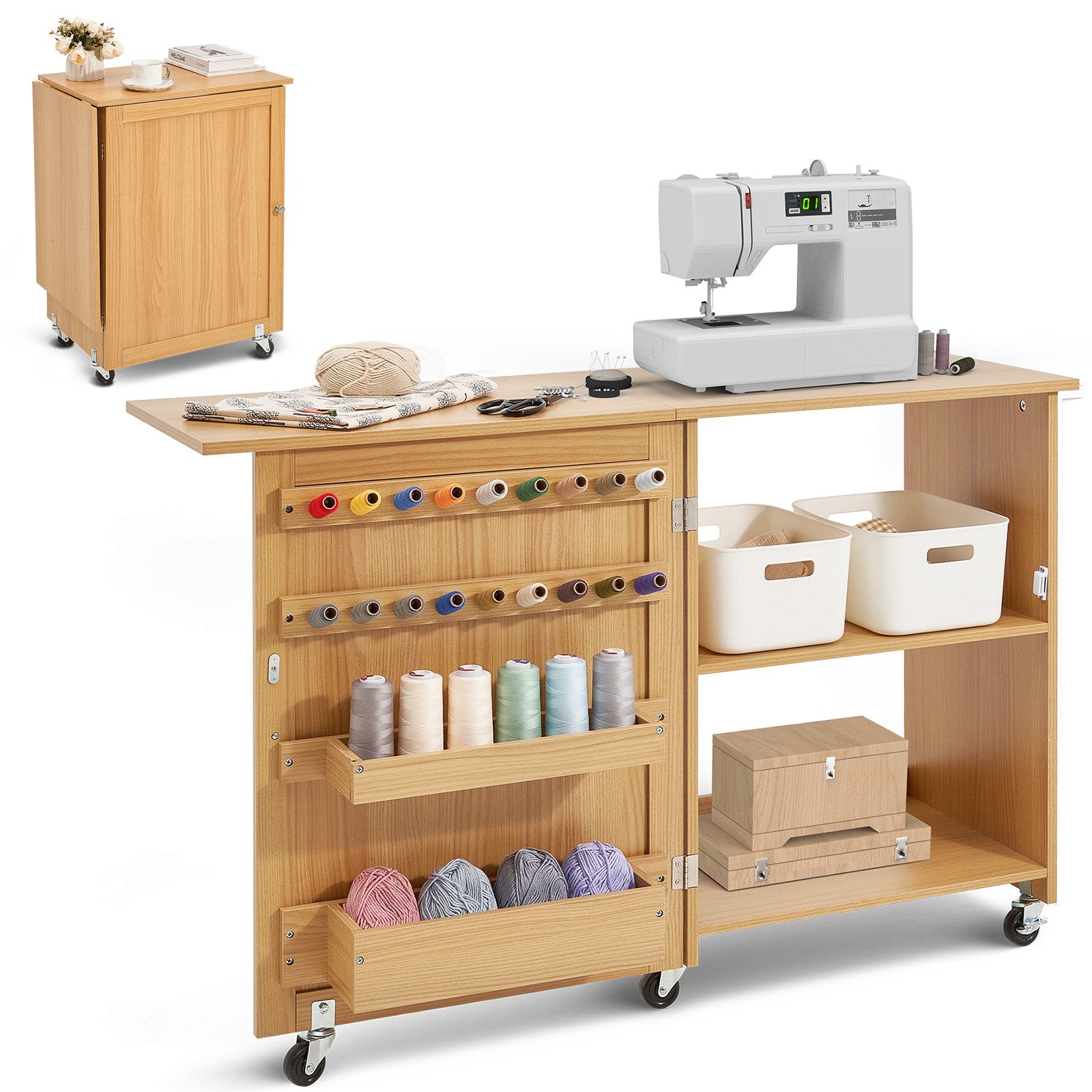 Folding Sewing Table with Lockable Wheels Shelves Trays Door Wood Color V952-FRZJYXXKZDBH6WYM1V0