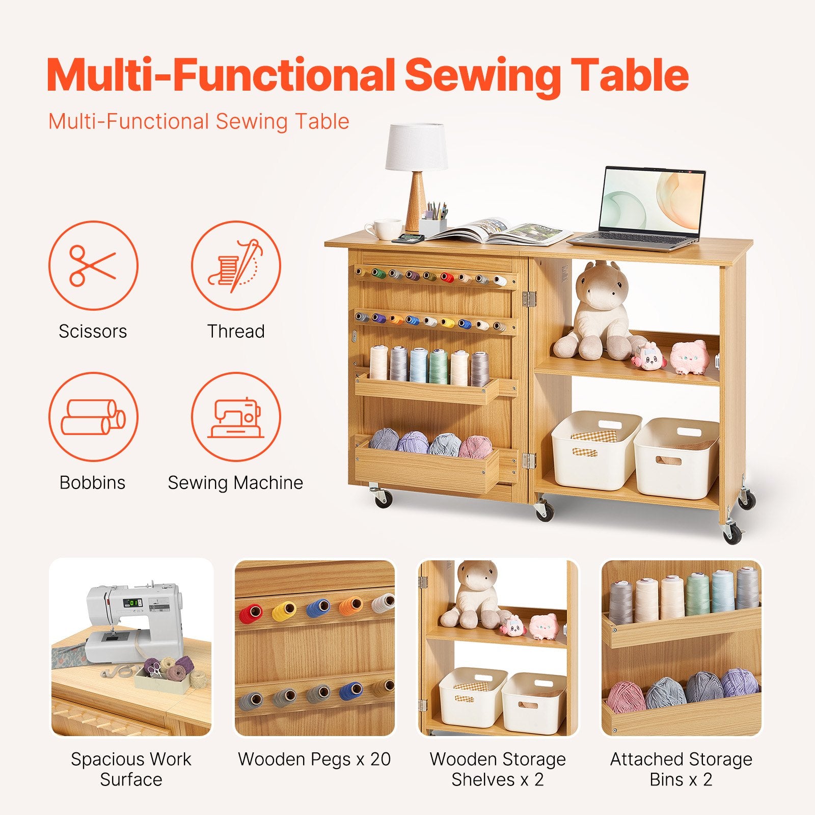 Folding Sewing Table with Lockable Wheels Shelves Trays Door Wood Color V952-FRZJYXXKZDBH6WYM1V0