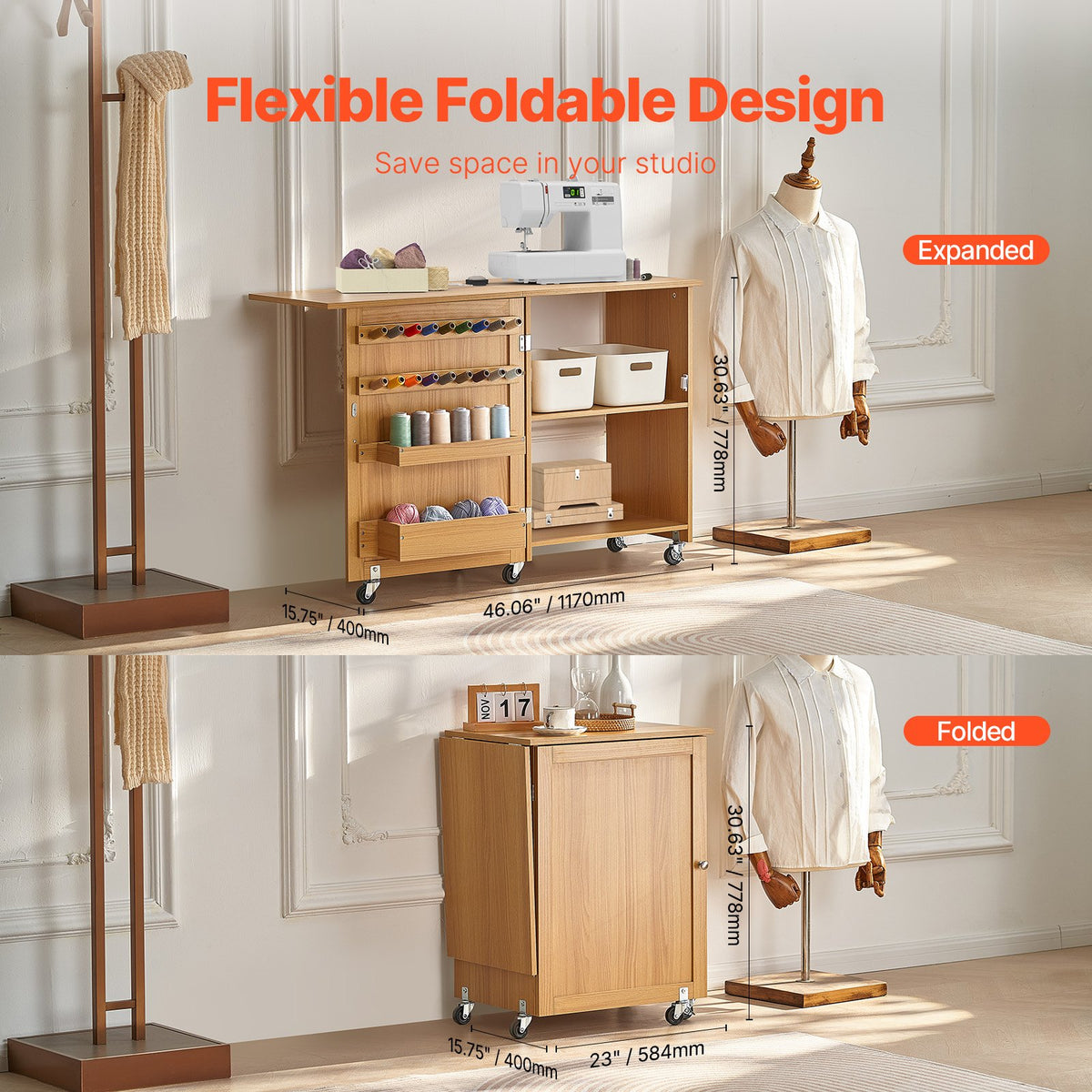 Folding Sewing Table with Lockable Wheels Shelves Trays Door Wood Color V952-FRZJYXXKZDBH6WYM1V0
