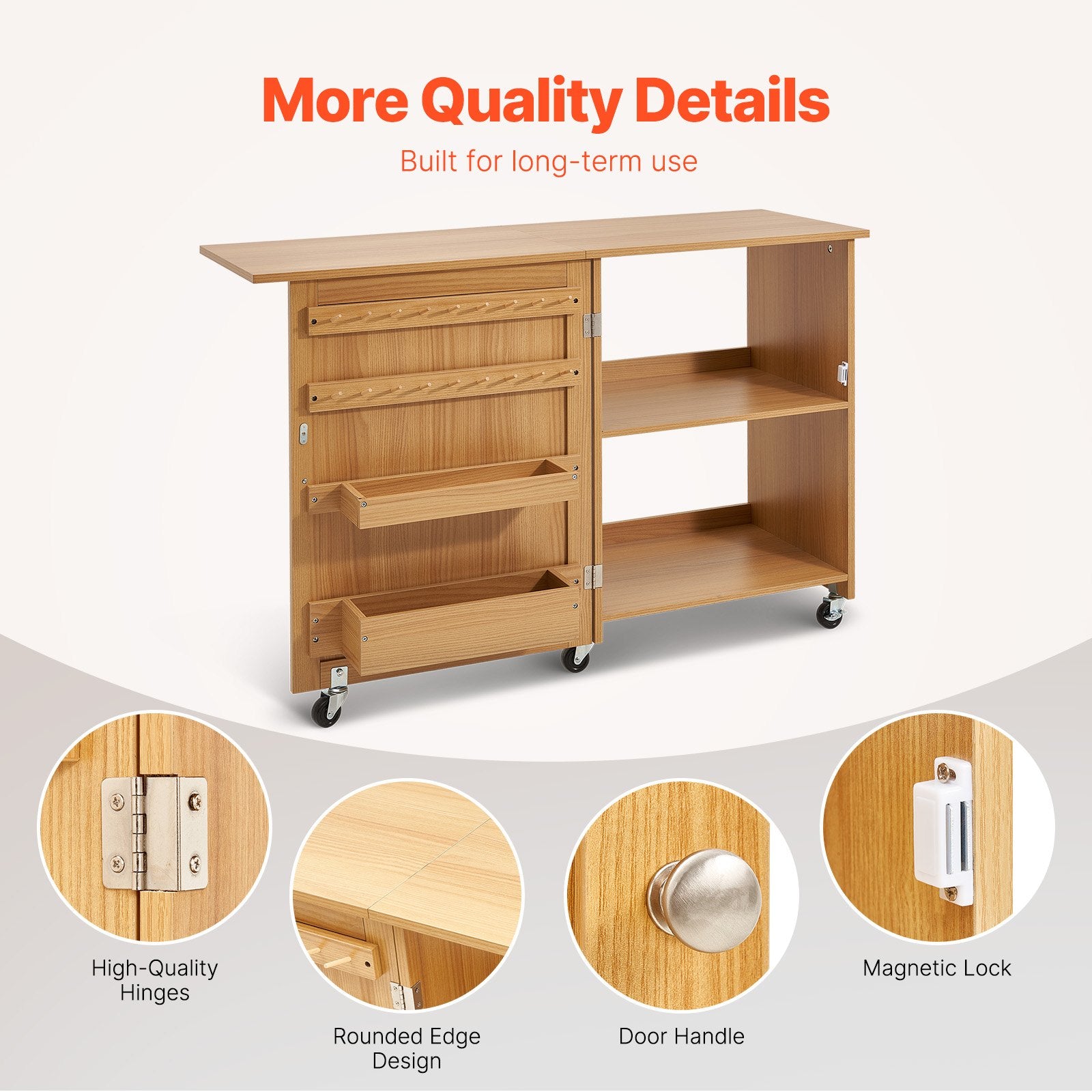 Folding Sewing Table with Lockable Wheels Shelves Trays Door Wood Color V952-FRZJYXXKZDBH6WYM1V0