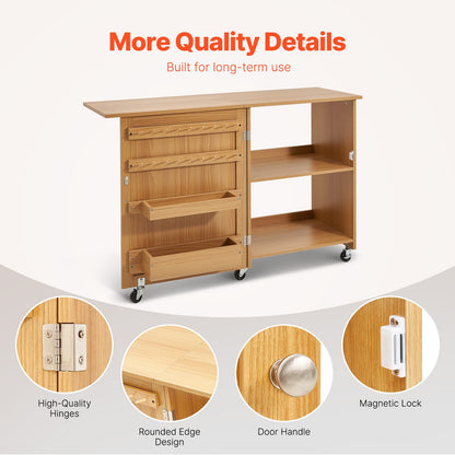 Folding Sewing Table with Lockable Wheels Shelves Trays Door Wood Color V952-FRZJYXXKZDBH6WYM1V0