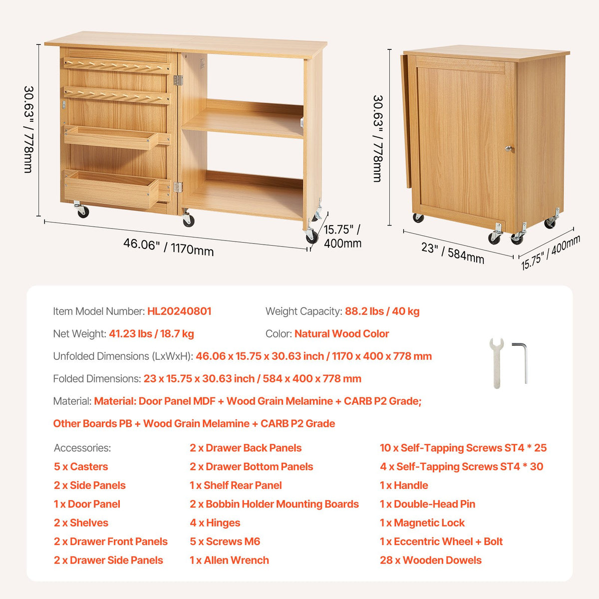 Folding Sewing Table with Lockable Wheels Shelves Trays Door Wood Color V952-FRZJYXXKZDBH6WYM1V0
