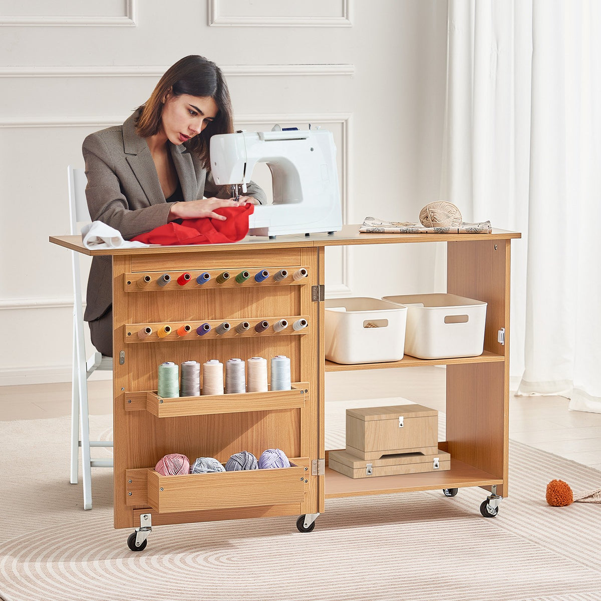 Folding Sewing Table with Lockable Wheels Shelves Trays Door Wood Color V952-FRZJYXXKZDBH6WYM1V0