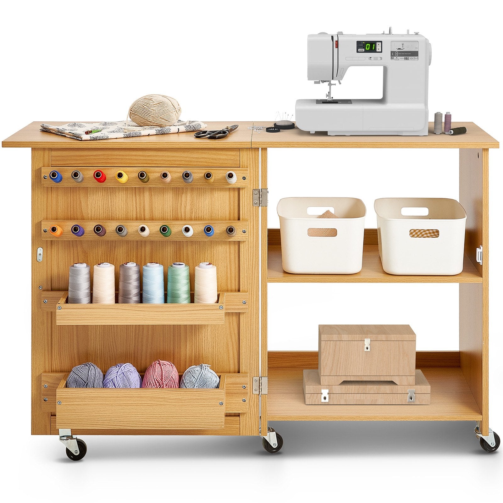 Folding Sewing Table with Lockable Wheels Shelves Trays Door Wood Color V952-FRZJYXXKZDBH6WYM1V0
