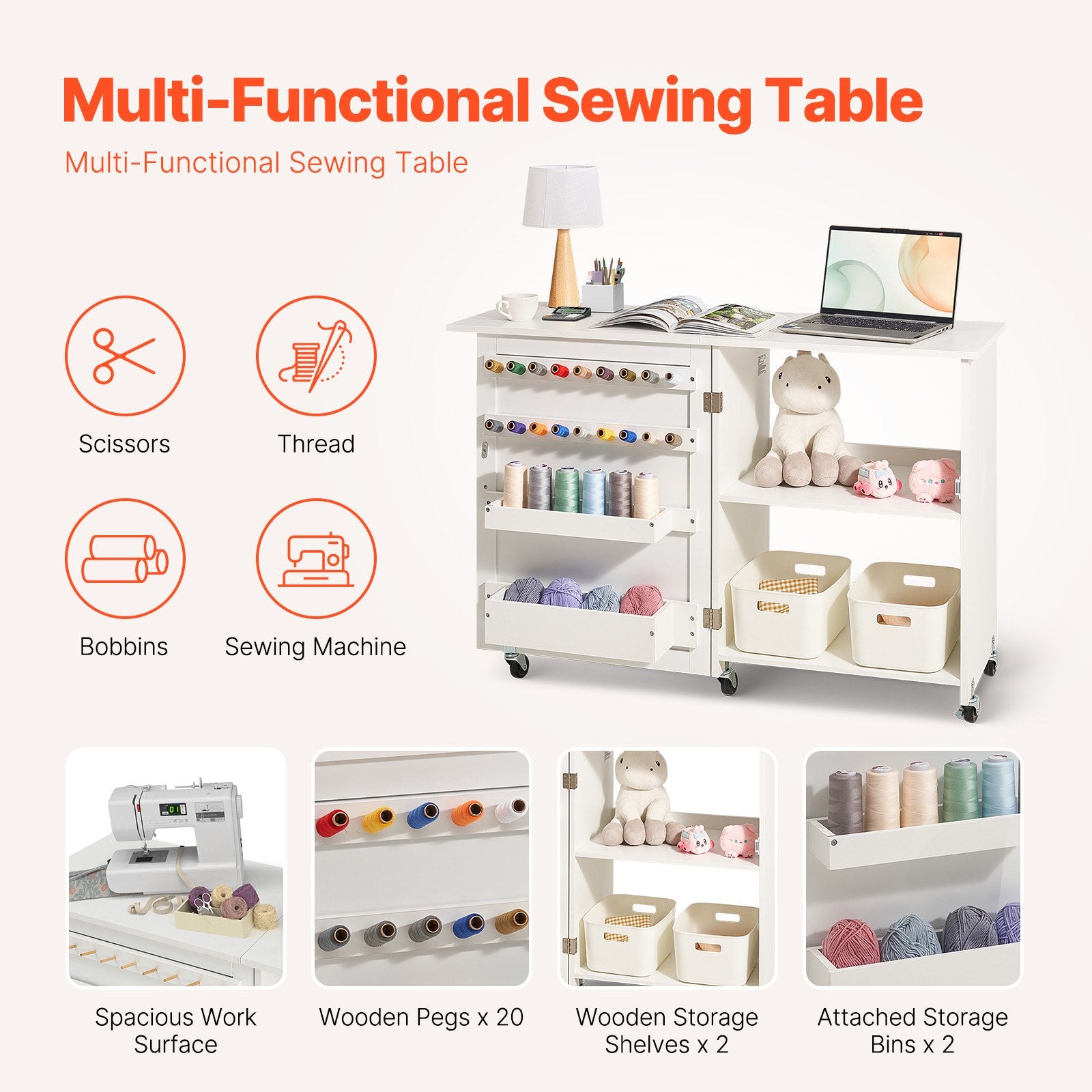 Folding Sewing Table with Lockable Wheels Storage Shelves Trays Door White V952-FRZJYXXKZDBHL2LV9V0