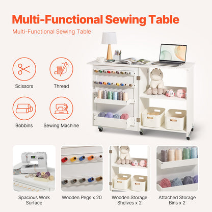 Folding Sewing Table with Lockable Wheels Storage Shelves Trays Door White V952-FRZJYXXKZDBHL2LV9V0